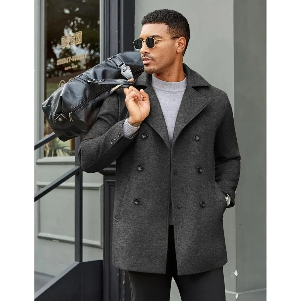 Men's Dark Grey Double Breasted Pea Coat Trench Coat Notched Collar Overcoat